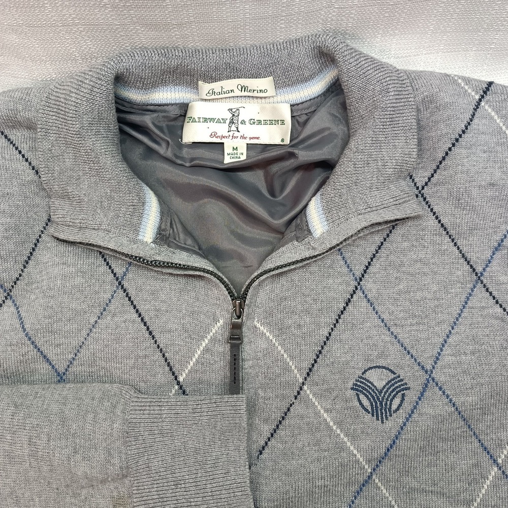 Fairway & Greene 1/4 Zip Gray Pullover Sweater Mens M Italian Merino Wool Argyle